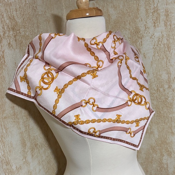 Celine Light Pink Scarf with Gold and Brown Chain Design - Picture 3 of 7